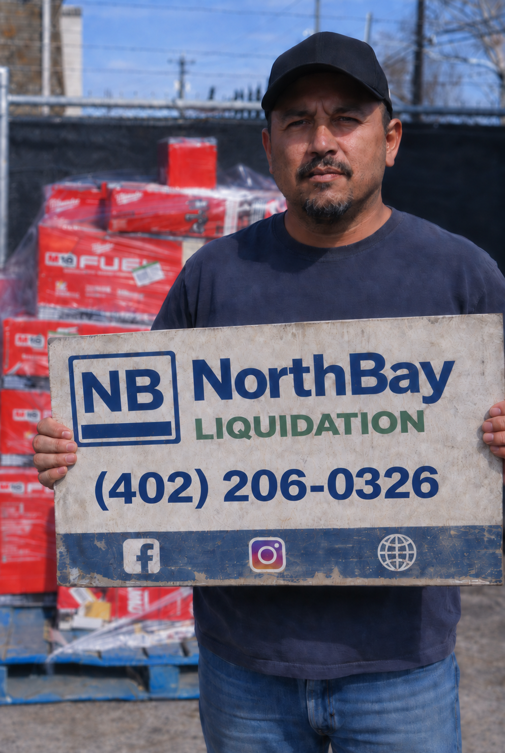 NorthBay Liquidation team member with a NorthBay sign in front of shrink-wrapped Milwaukee tool pallets