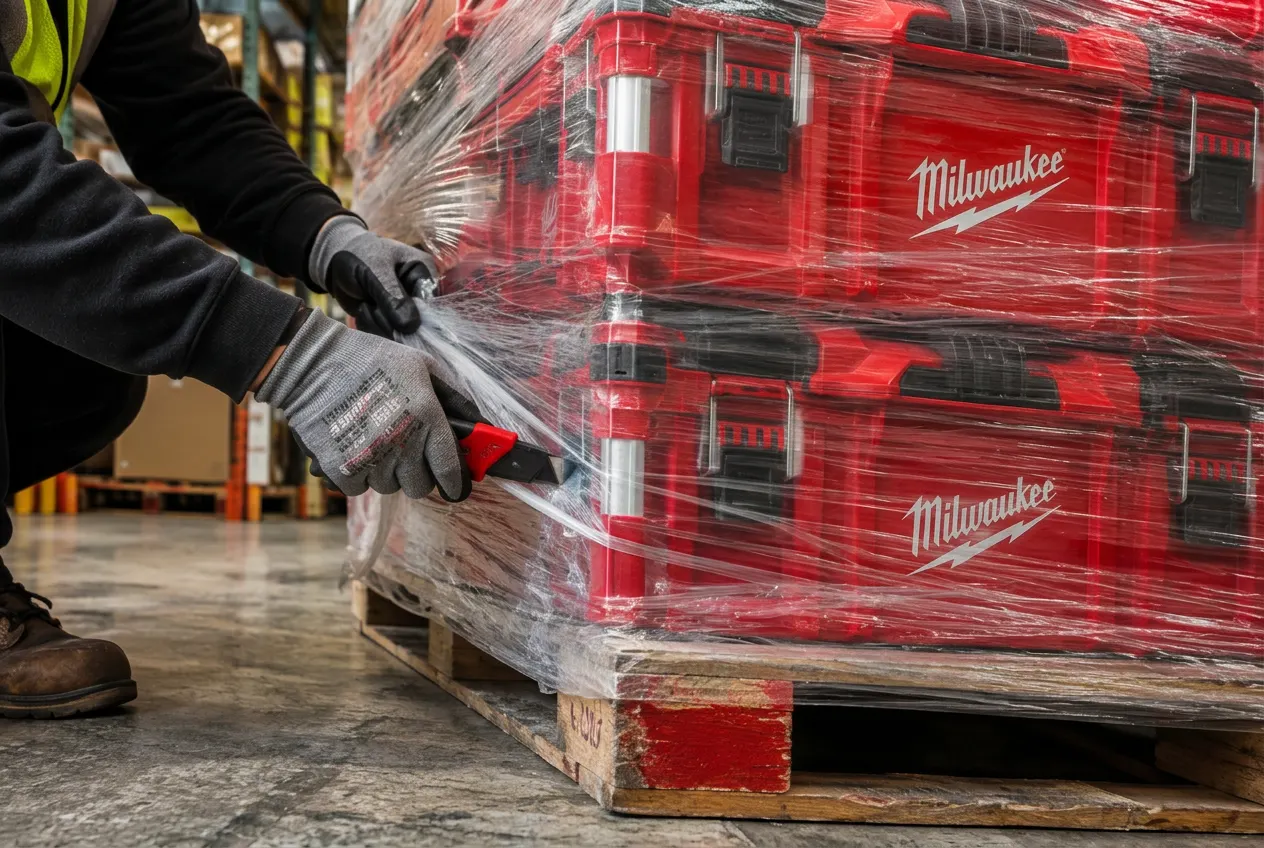 Shrink-wrapped pallet ready for shipping