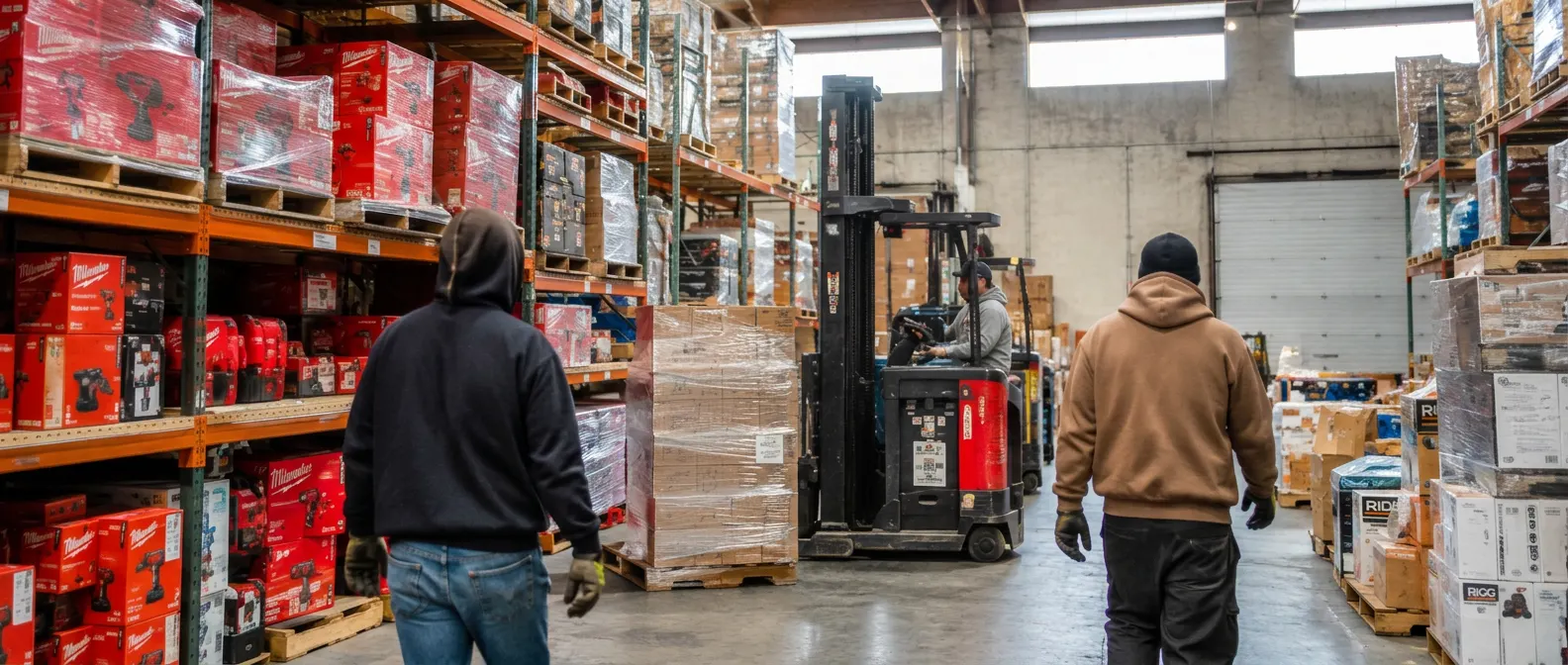 Large warehouse with stacked pallets and inventory Warehouse Hero Shot