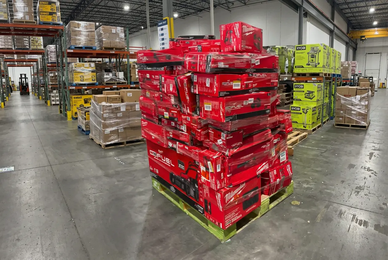 Assortment of new Milwaukee power tools on a display, representing Milwaukee overstock pallets