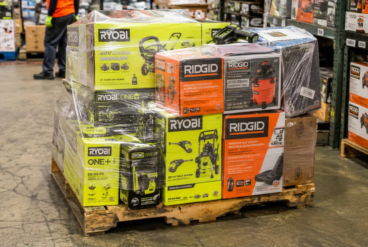 Ryobi, RIDGID, and other tool brands available on liquidation pallets. Other tools from brands like Ryobi and RIDGID on display