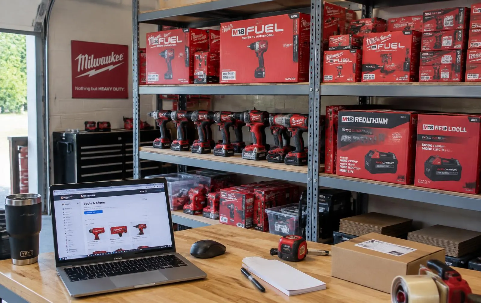 A reseller's garage showcasing organized products, including tool liquidation pallet items. A reseller's garage, organized with various products, including tools