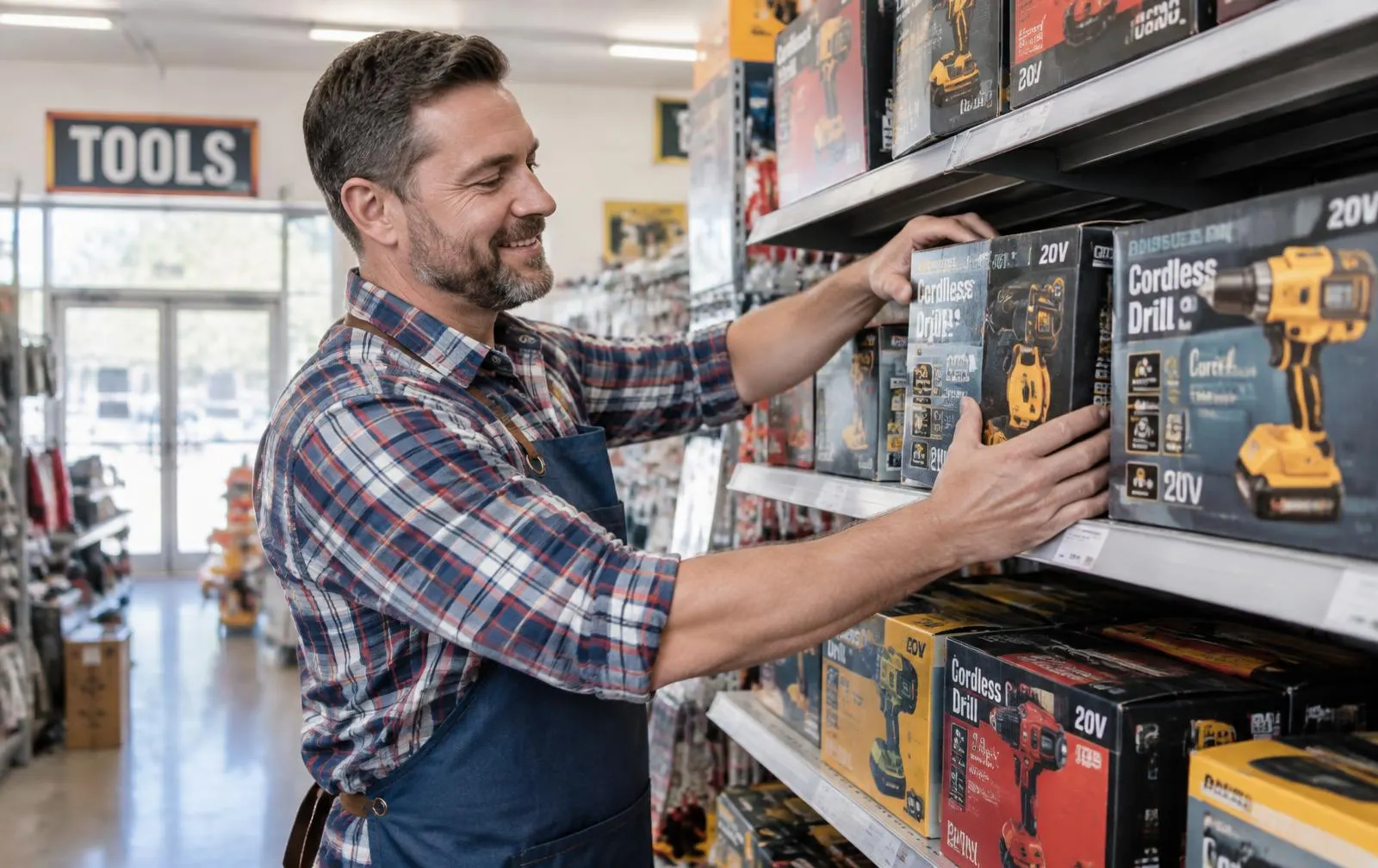 Dueño de tienda surtiendo herramientas inalámbricas nuevas